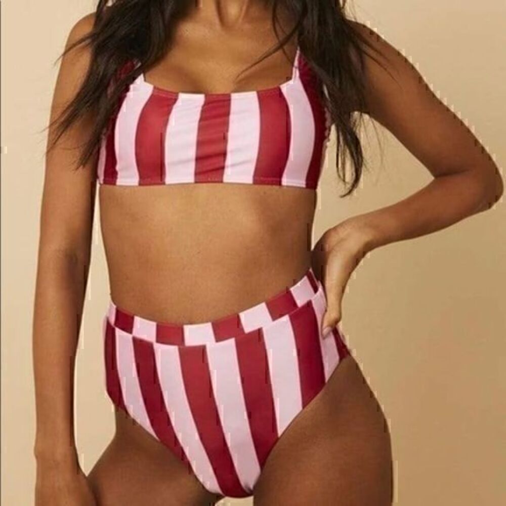 Swim Society pink and red striped Bahama skinny dip style bikini NWT